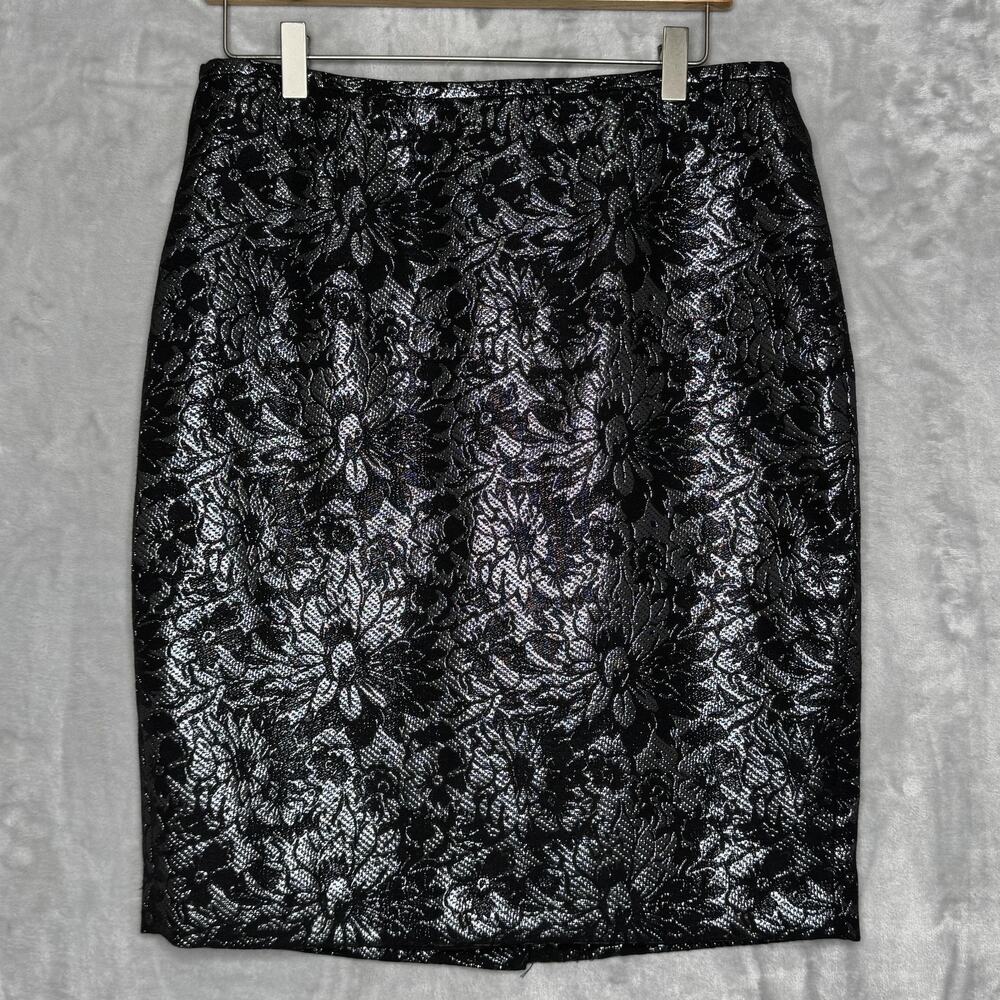 Calvin Klein Skirt Womens 8 Black Metallic Floral Jacquard Pencil Lined Party